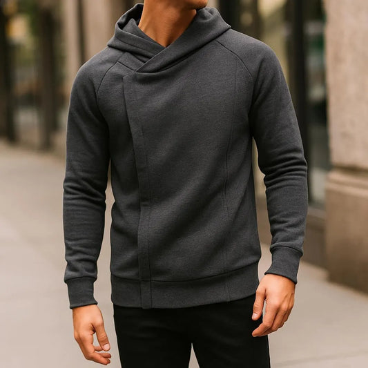 Asymmetric zip sculpted crossover hood hoodie for men | Kaelen -1
