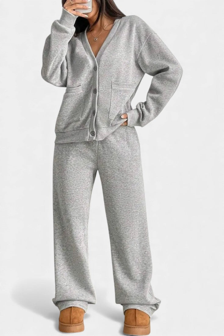 Buttoned cardigan wide-leg trousers set for women | Elvera -2