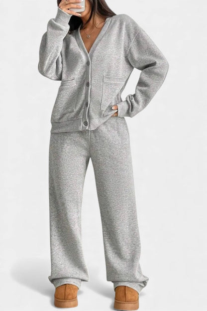 Buttoned cardigan wide-leg trousers set for women | Elvera -2