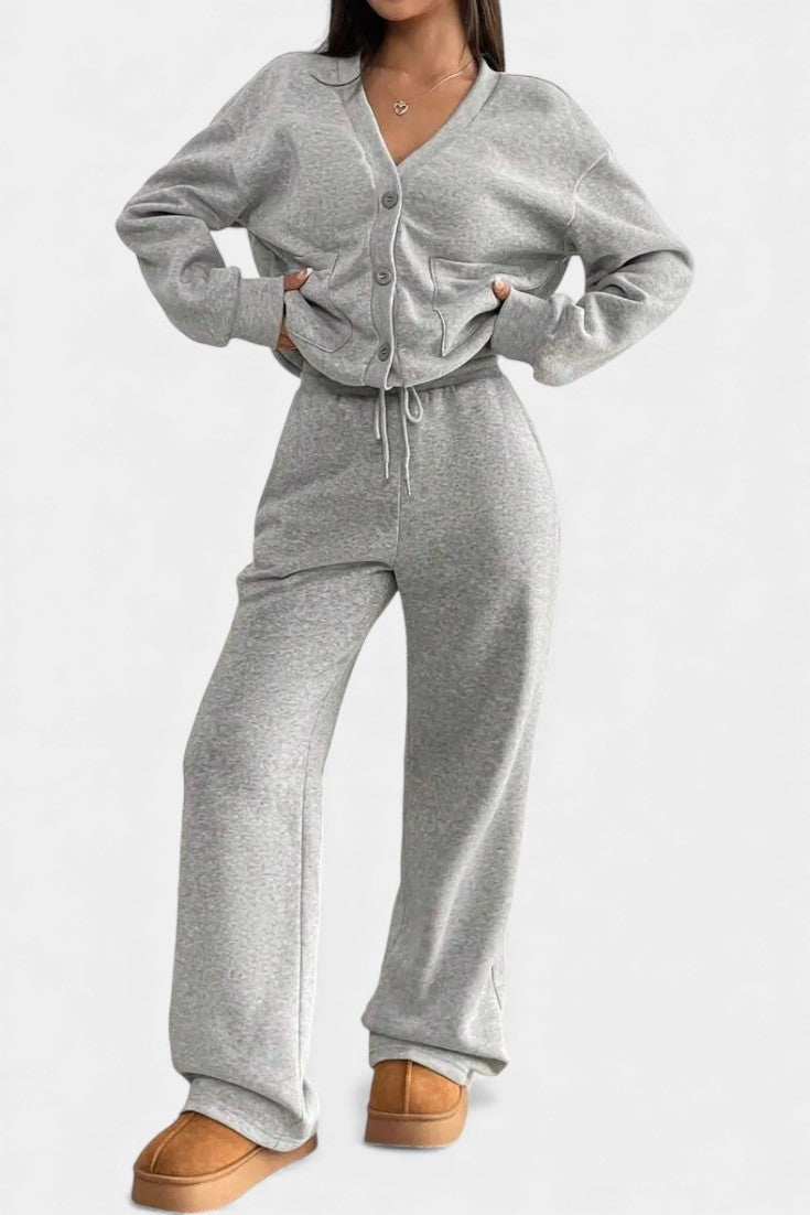 Buttoned cardigan wide-leg trousers set for women | Elvera -1