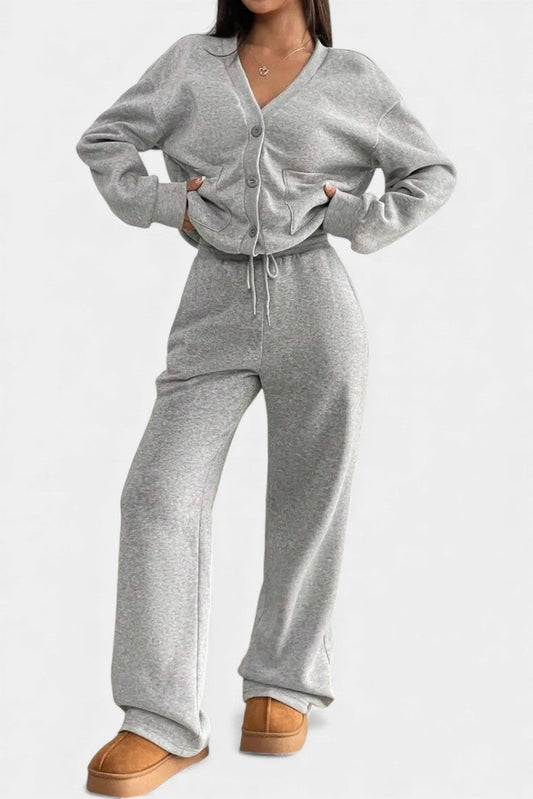 Buttoned cardigan wide-leg trousers set for women | Elvera -1