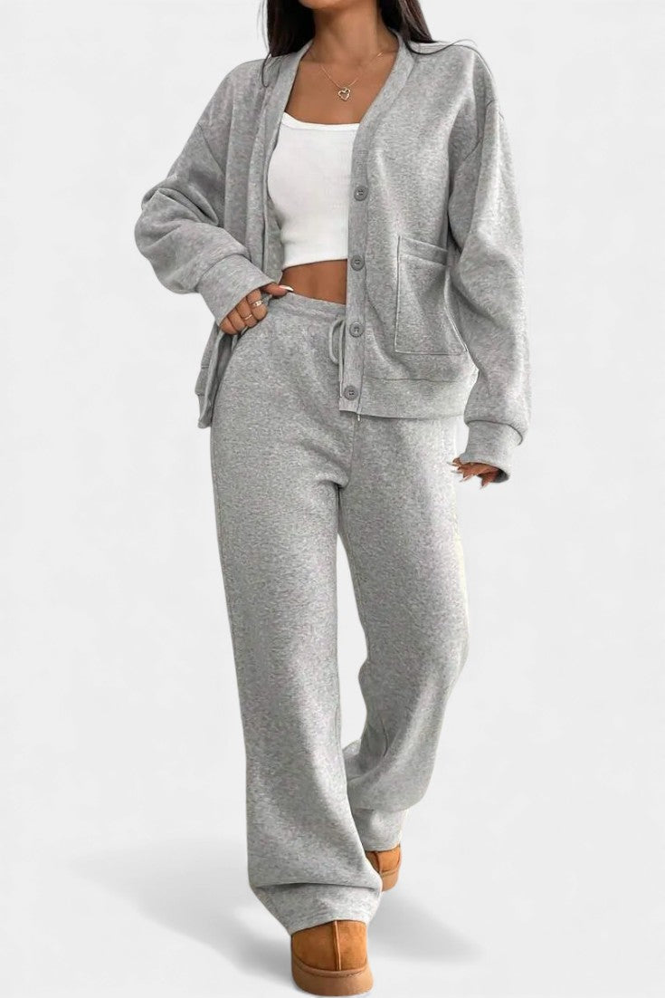 Buttoned cardigan wide-leg trousers set for women | Elvera -3