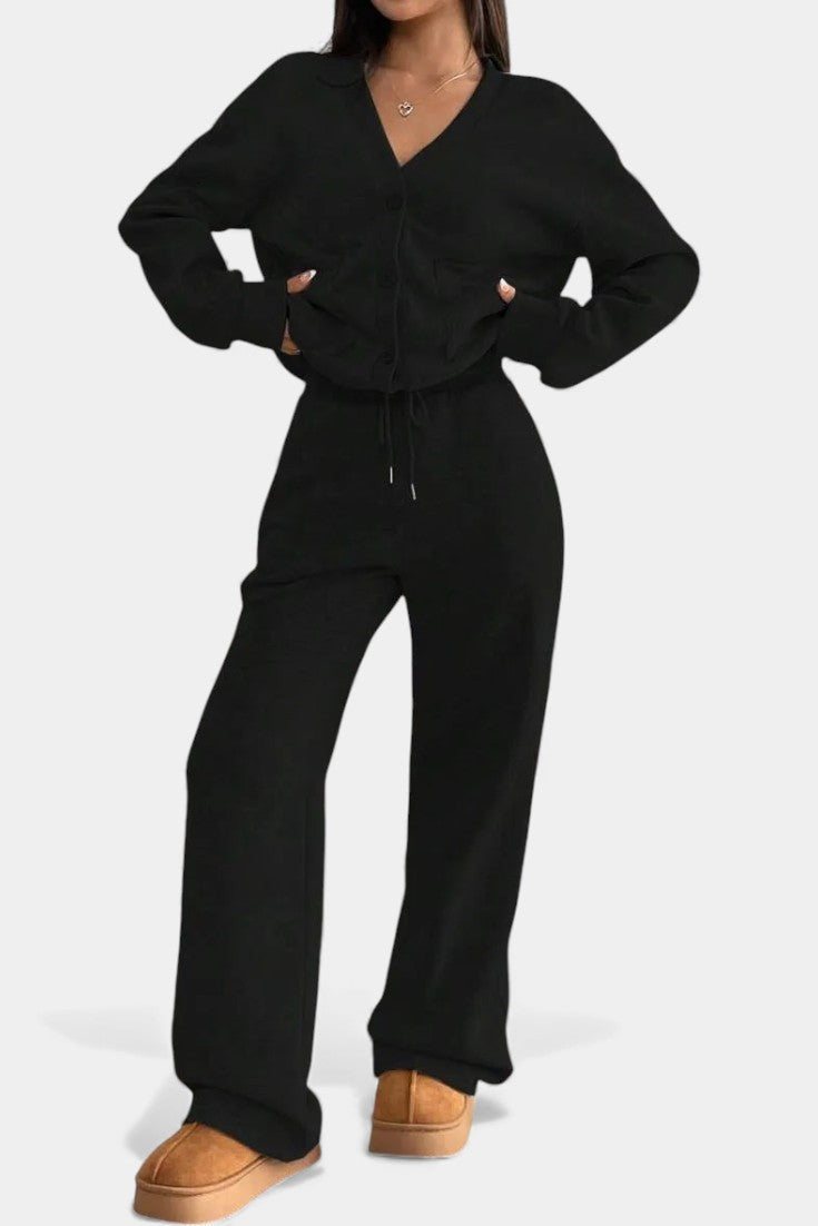 Buttoned cardigan wide-leg trousers set for women | Elvera -6