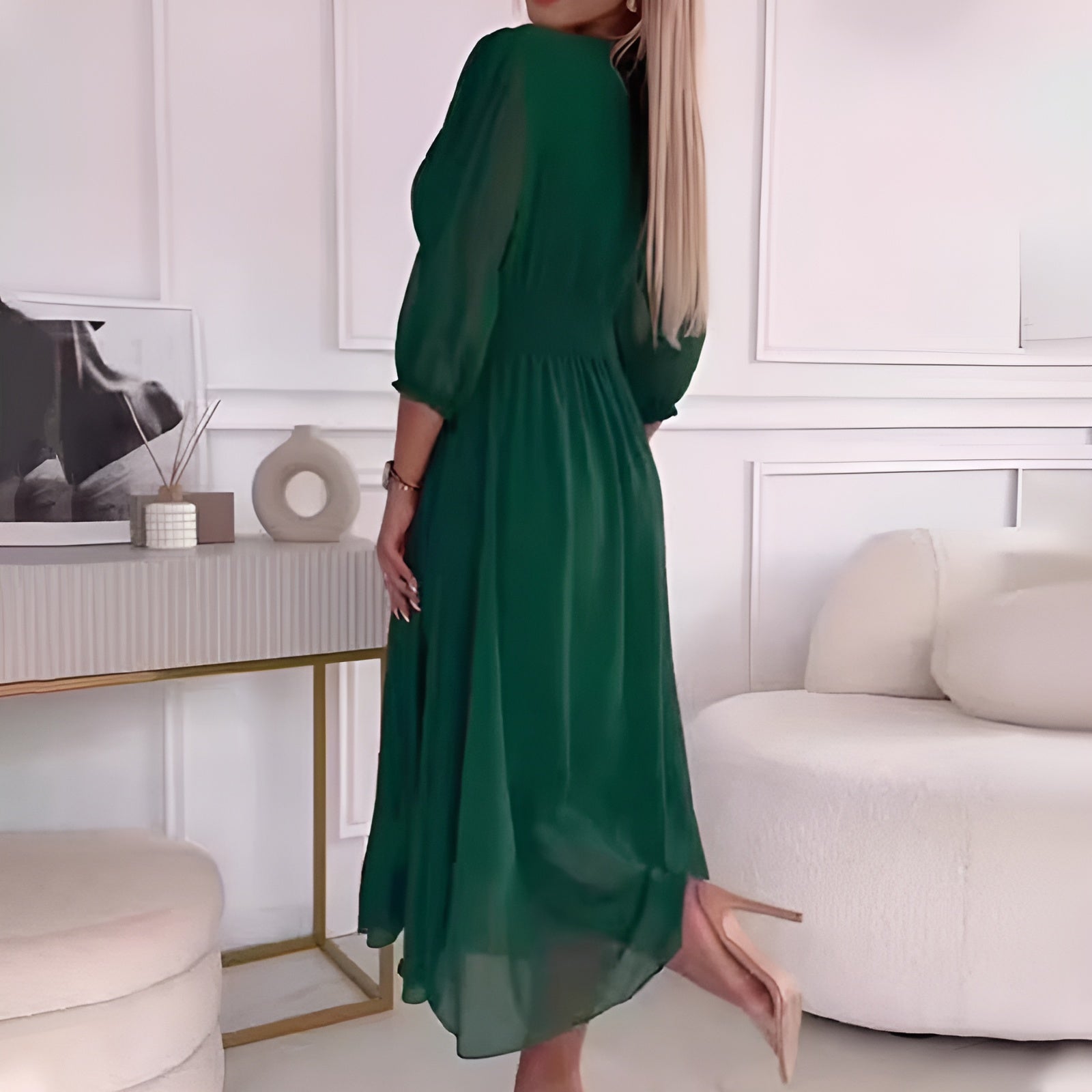 Flowy pleated V-neck dress for women | Vanya -5