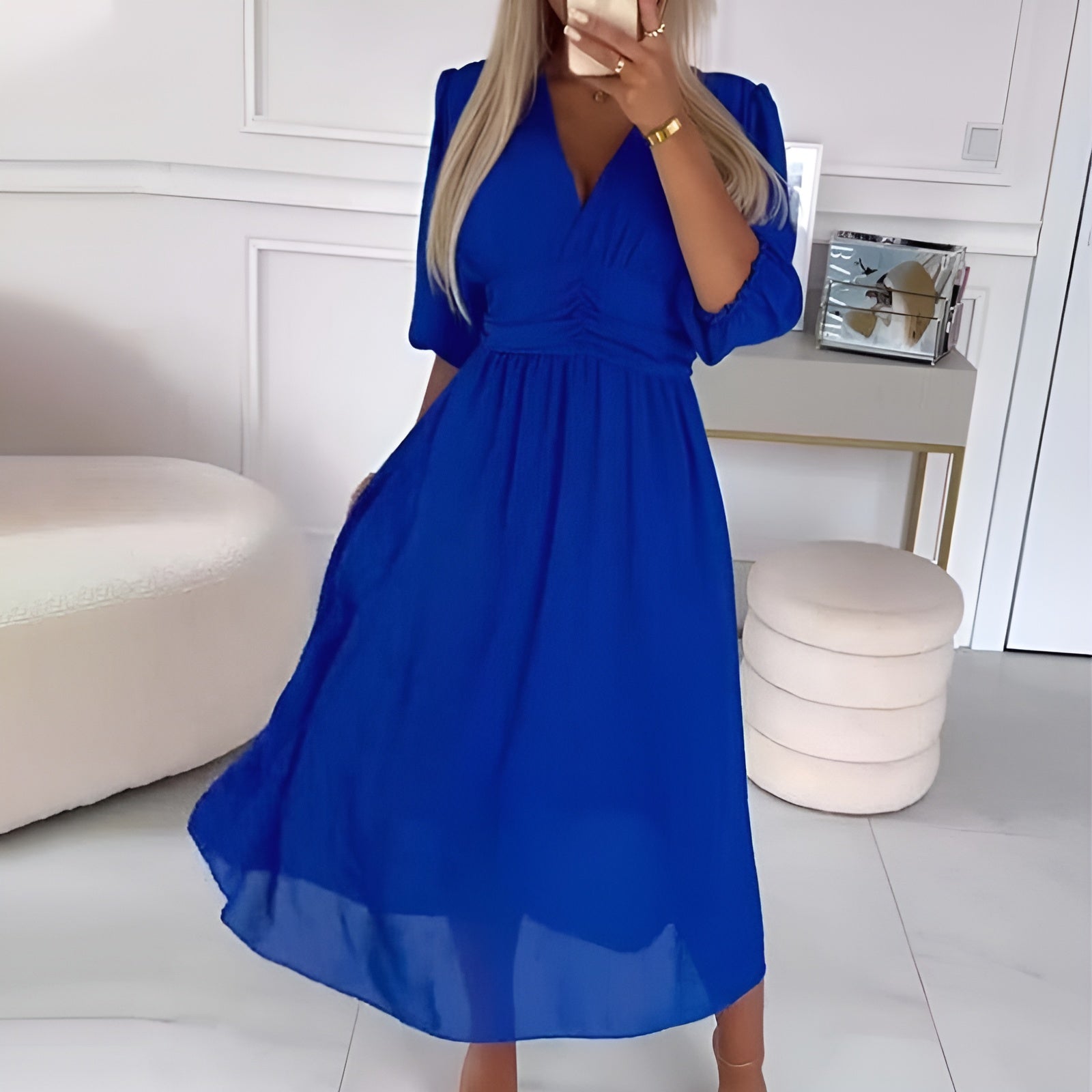 Flowy pleated V-neck dress for women | Vanya -3