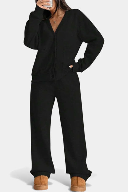 Buttoned cardigan wide-leg trousers set for women | Elvera -7
