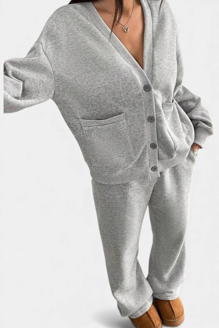 Buttoned cardigan wide-leg trousers set for women | Elvera -4