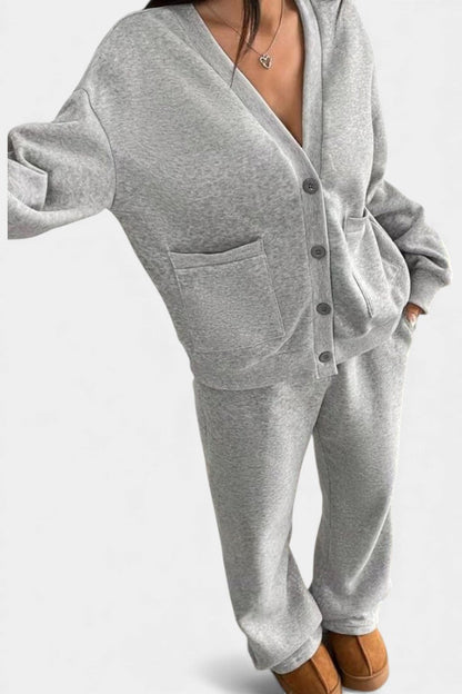 Buttoned cardigan wide-leg trousers set for women | Elvera -4