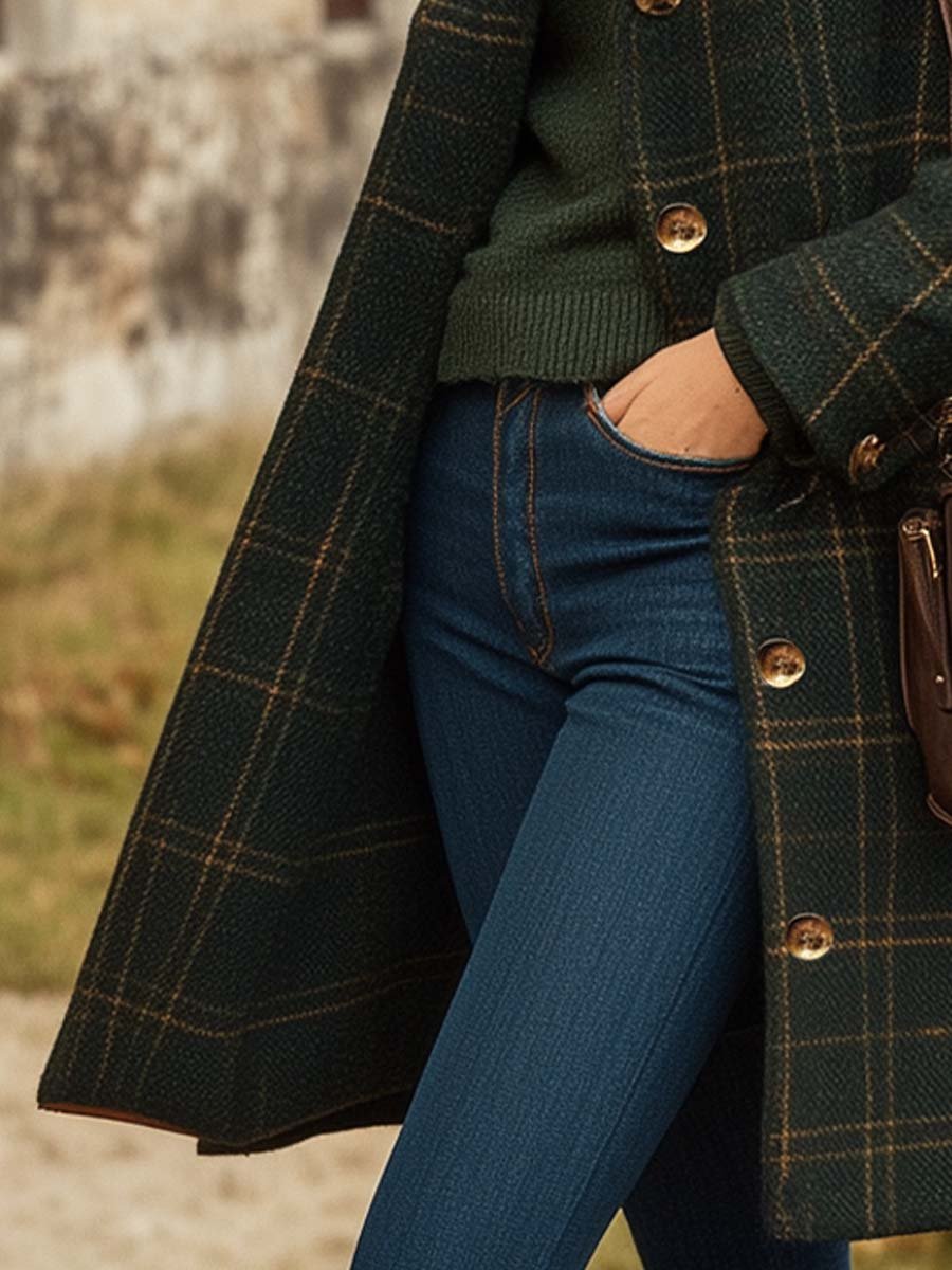 Long plaid tailored silhouette coat for women | Maribel -3