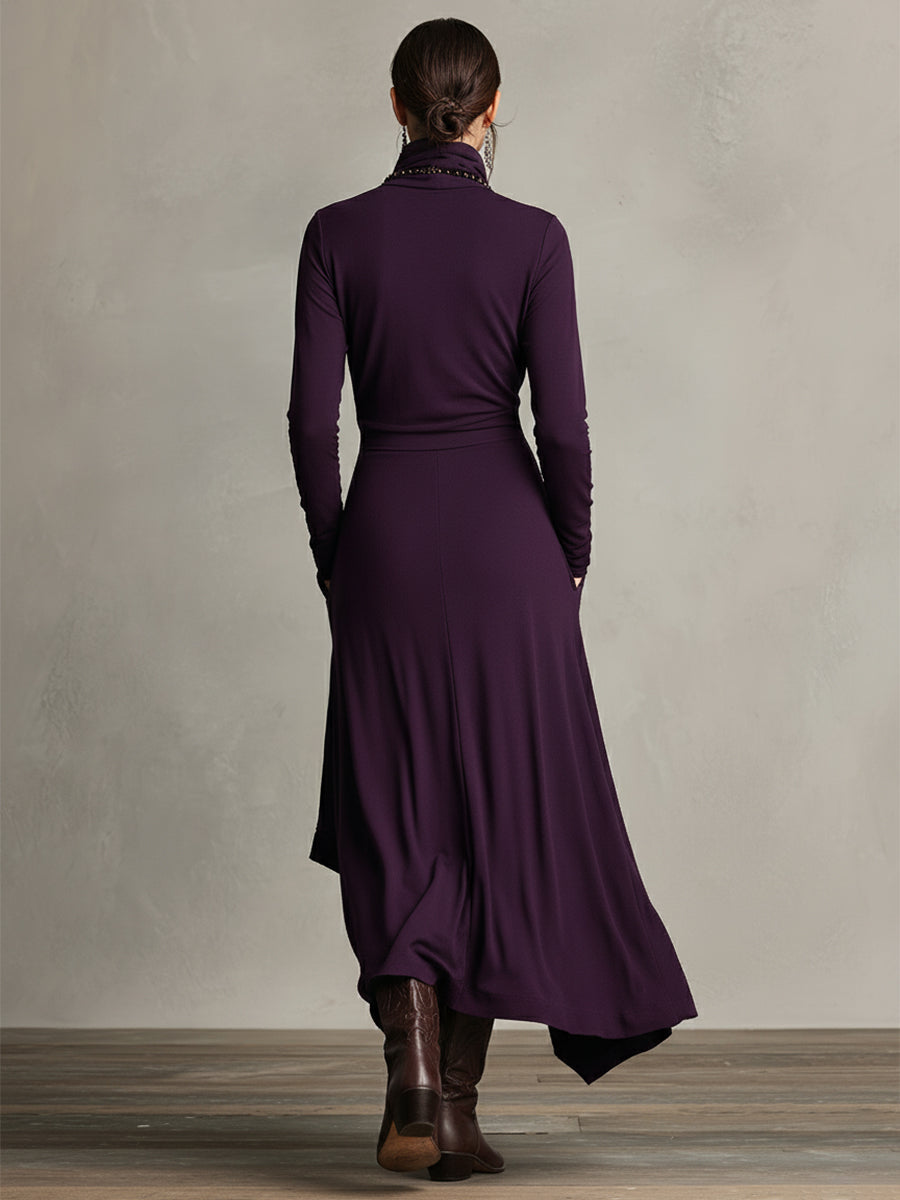 Bohemian draped maxi dress turtleneck for women | Elowen -6
