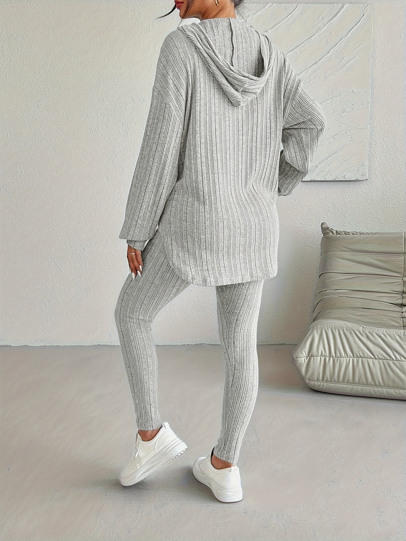 Ribbed knit lounge oversized hooded set for women | Lyra -13