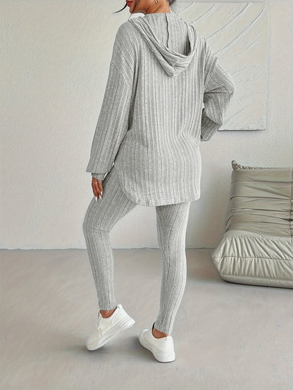Ribbed knit lounge oversized hooded set for women | Lyra -13