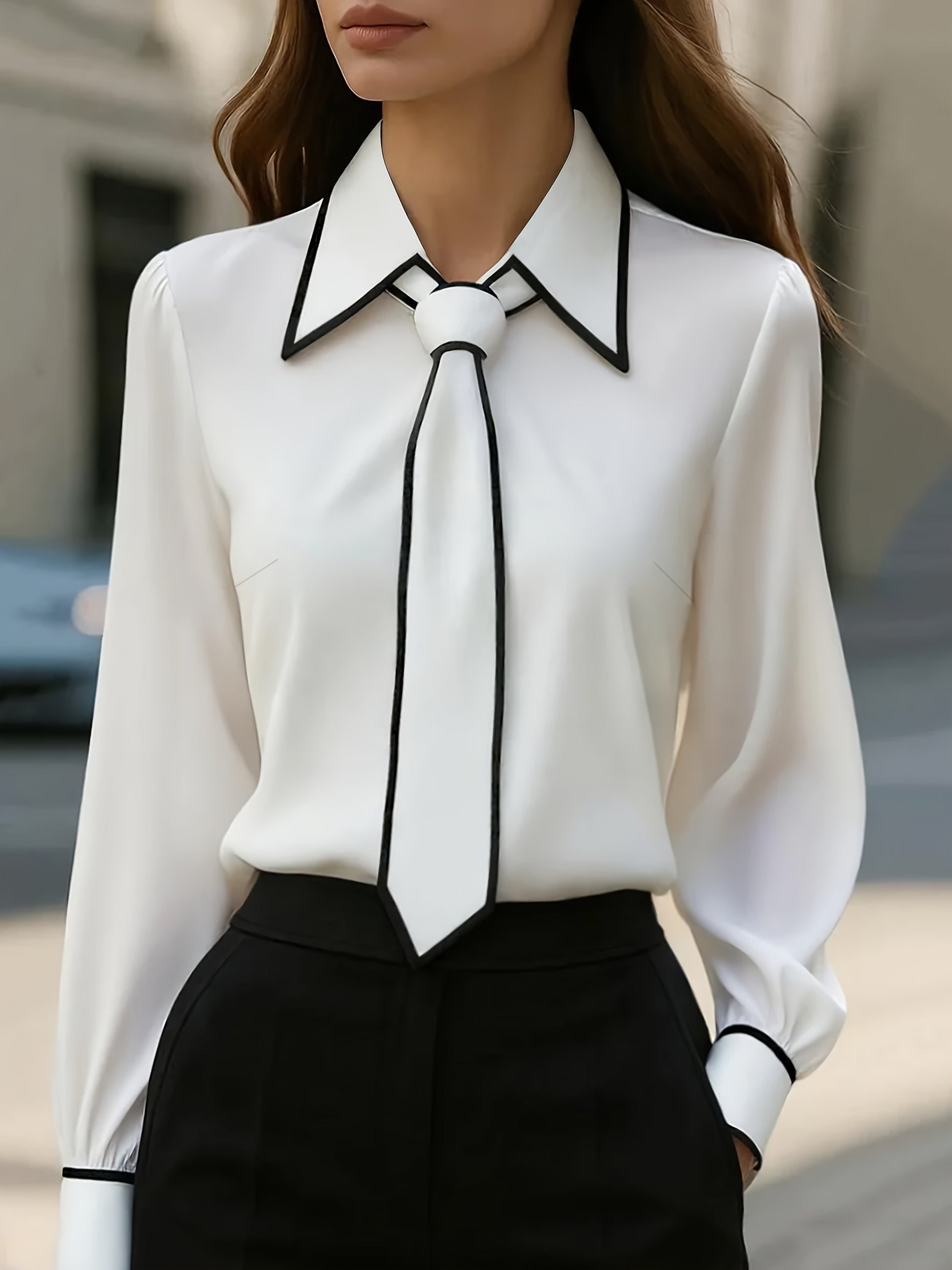Contrast tie oversized collar blouse for women | Selina -1