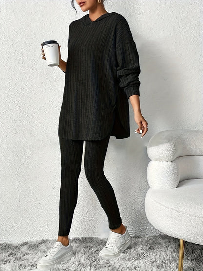 Ribbed knit lounge oversized hooded set for women | Lyra -10