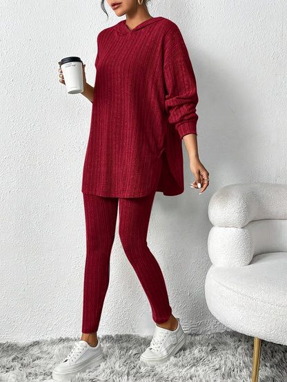 Ribbed knit lounge oversized hooded set for women | Lyra -8