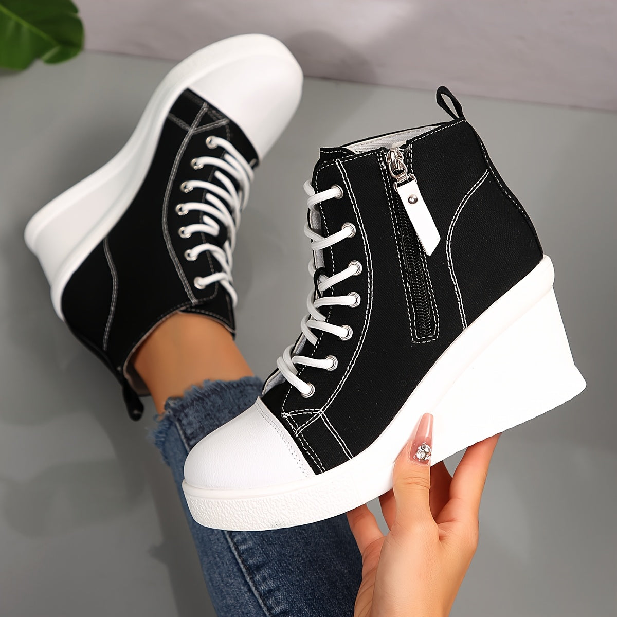 Uptown canvas wedge sneaker trainers for women | Solara -4