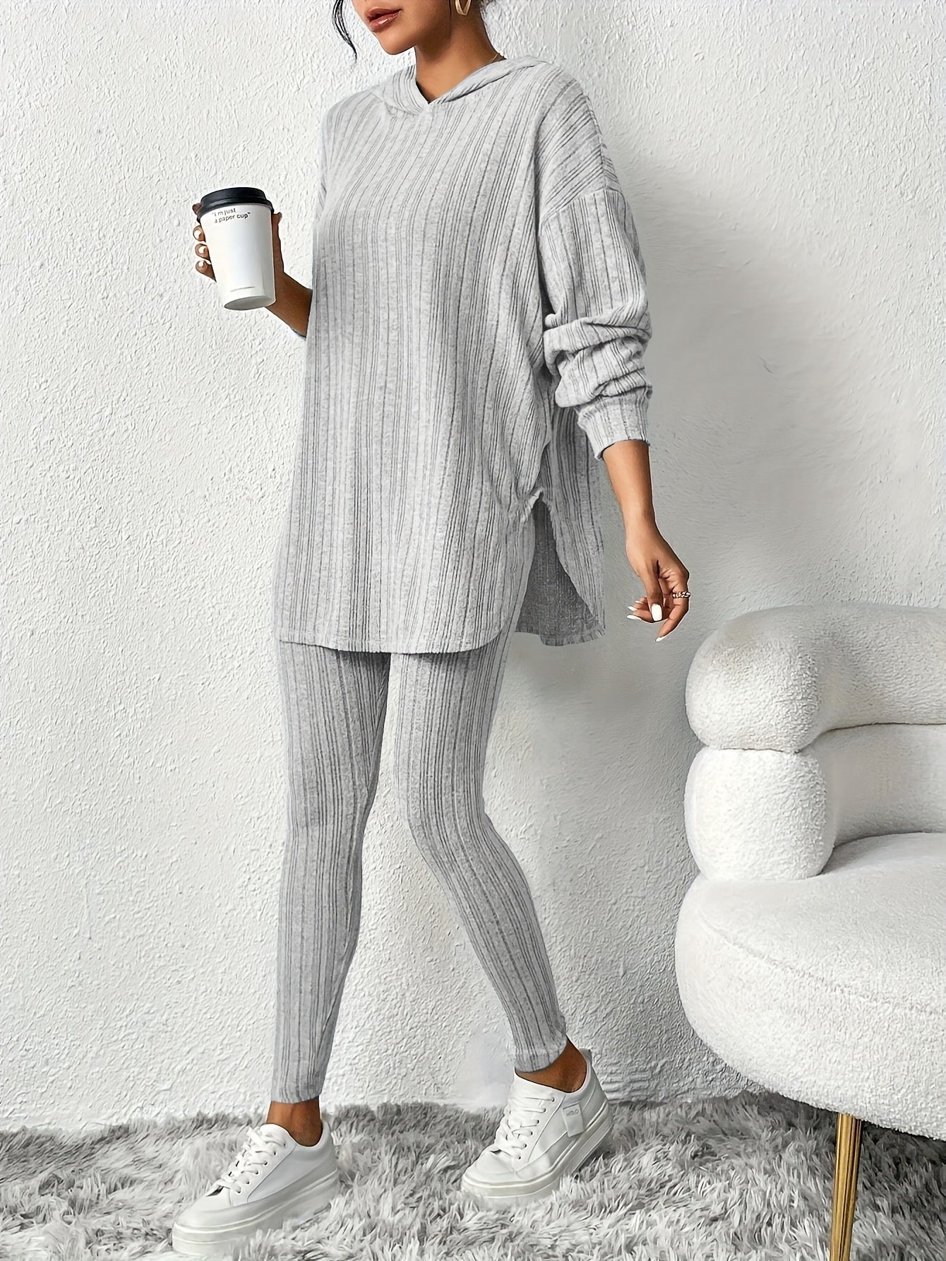 Ribbed knit lounge oversized hooded set for women | Lyra -12