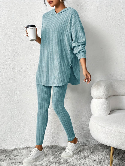 Ribbed knit lounge oversized hooded set for women | Lyra -1