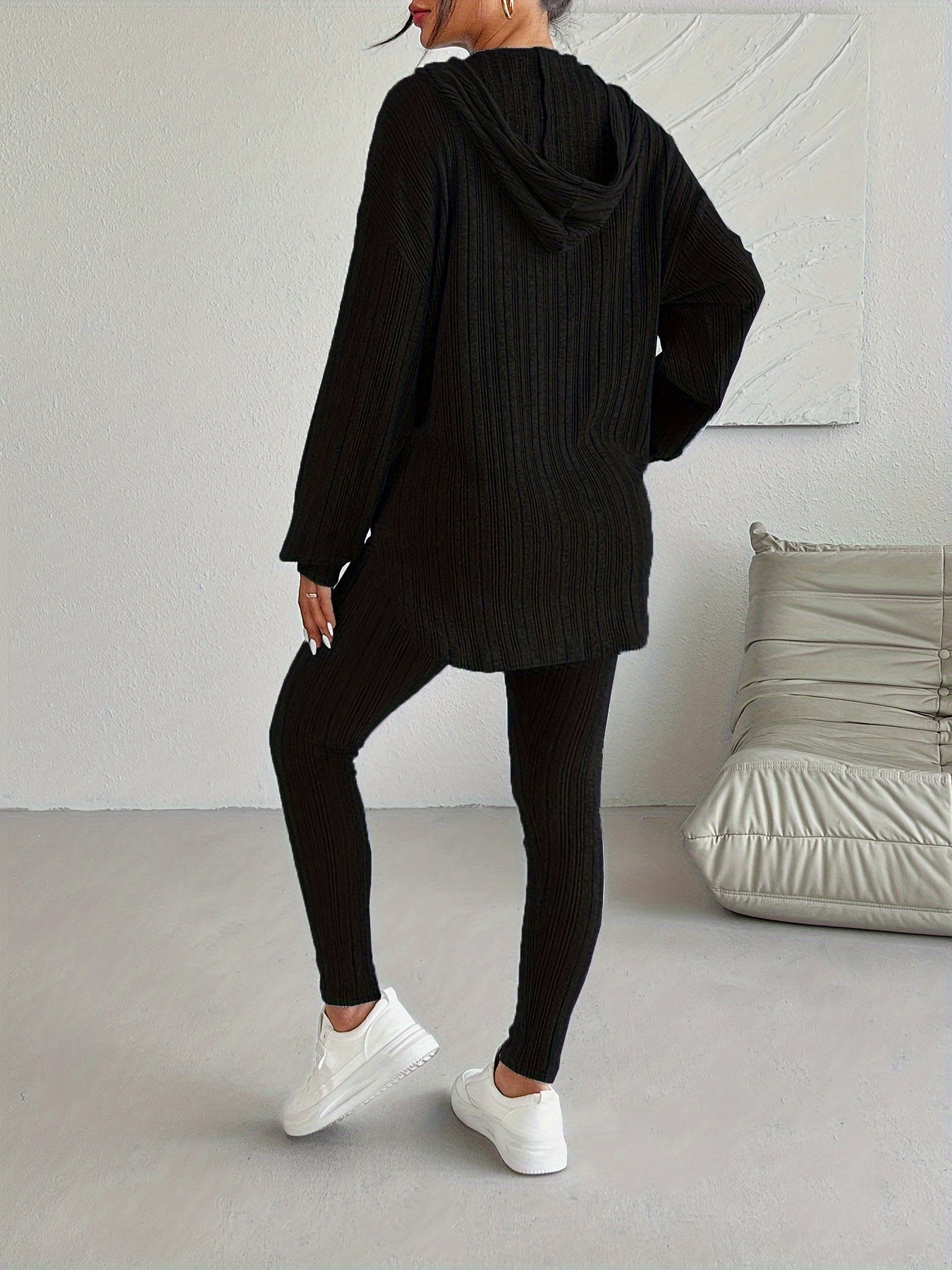 Ribbed knit lounge oversized hooded set for women | Lyra -11