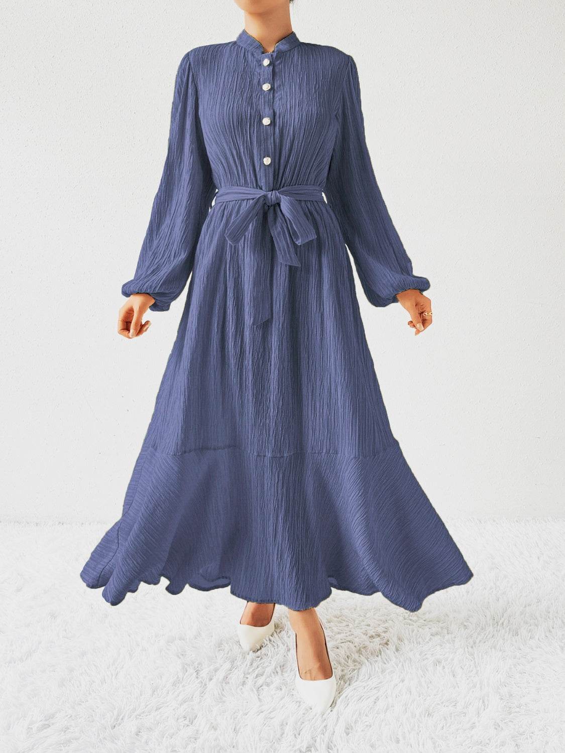 Maxi winter long-sleeve buttoned belt dress for women | Jacqueline -11