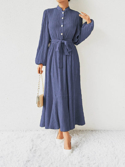 Maxi winter long-sleeve buttoned belt dress for women | Jacqueline -12