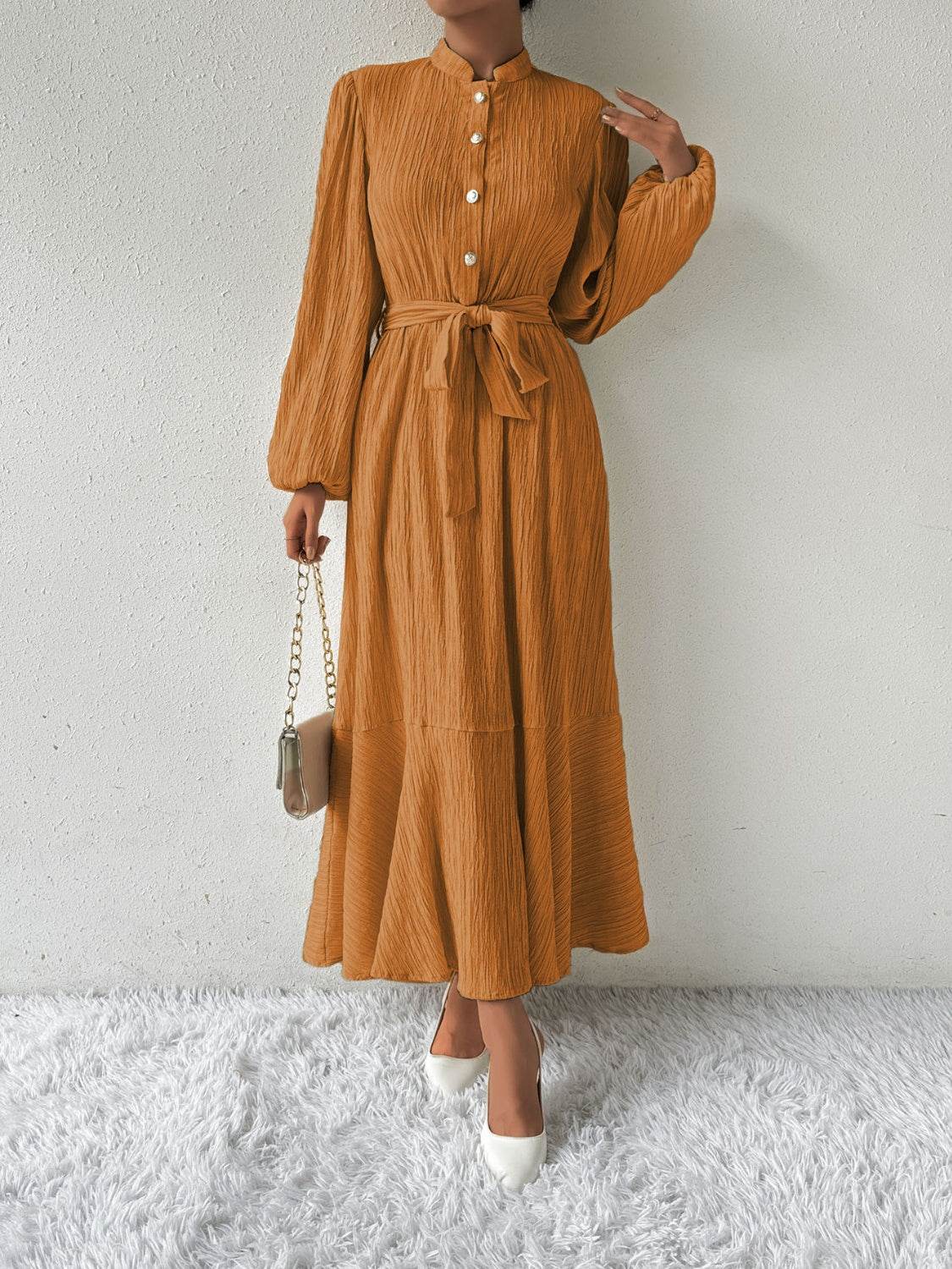 Maxi winter long-sleeve buttoned belt dress for women | Jacqueline -16