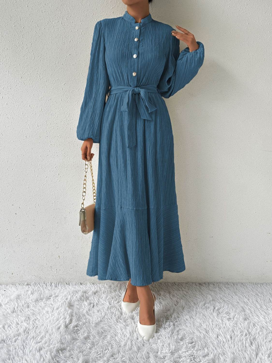 Maxi winter long-sleeve buttoned belt dress for women | Jacqueline -17