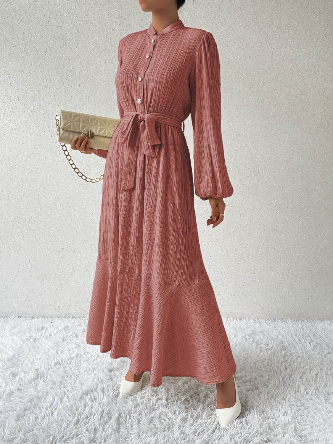 Maxi winter long-sleeve buttoned belt dress for women | Jacqueline -23