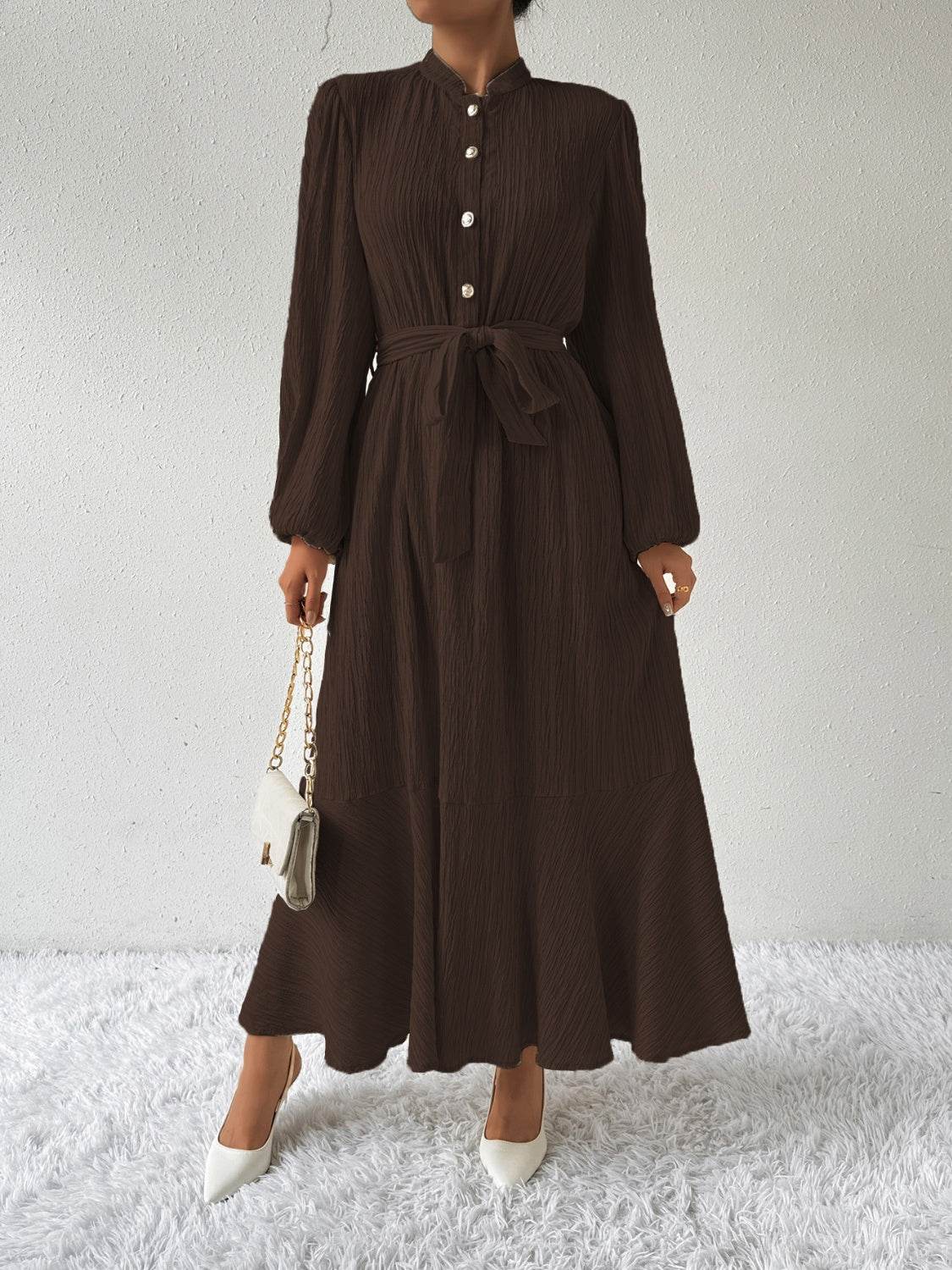 Maxi winter long-sleeve buttoned belt dress for women | Jacqueline -26