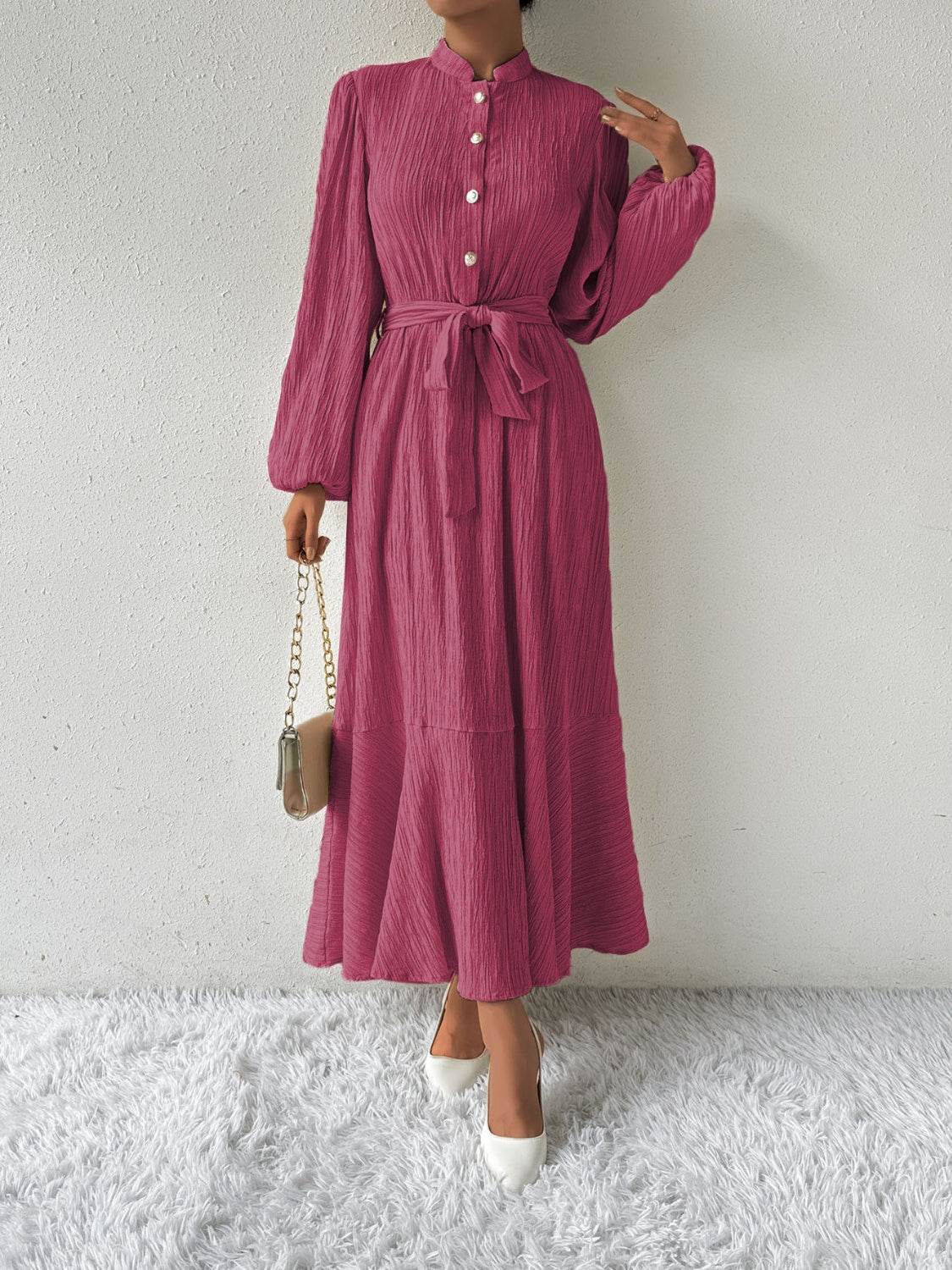Maxi winter long-sleeve buttoned belt dress for women | Jacqueline -28
