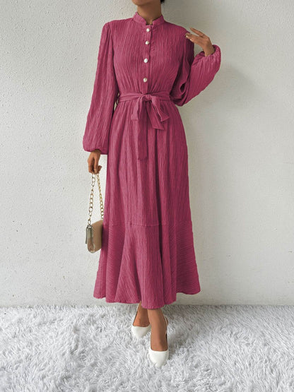 Maxi winter long-sleeve buttoned belt dress for women | Jacqueline -28