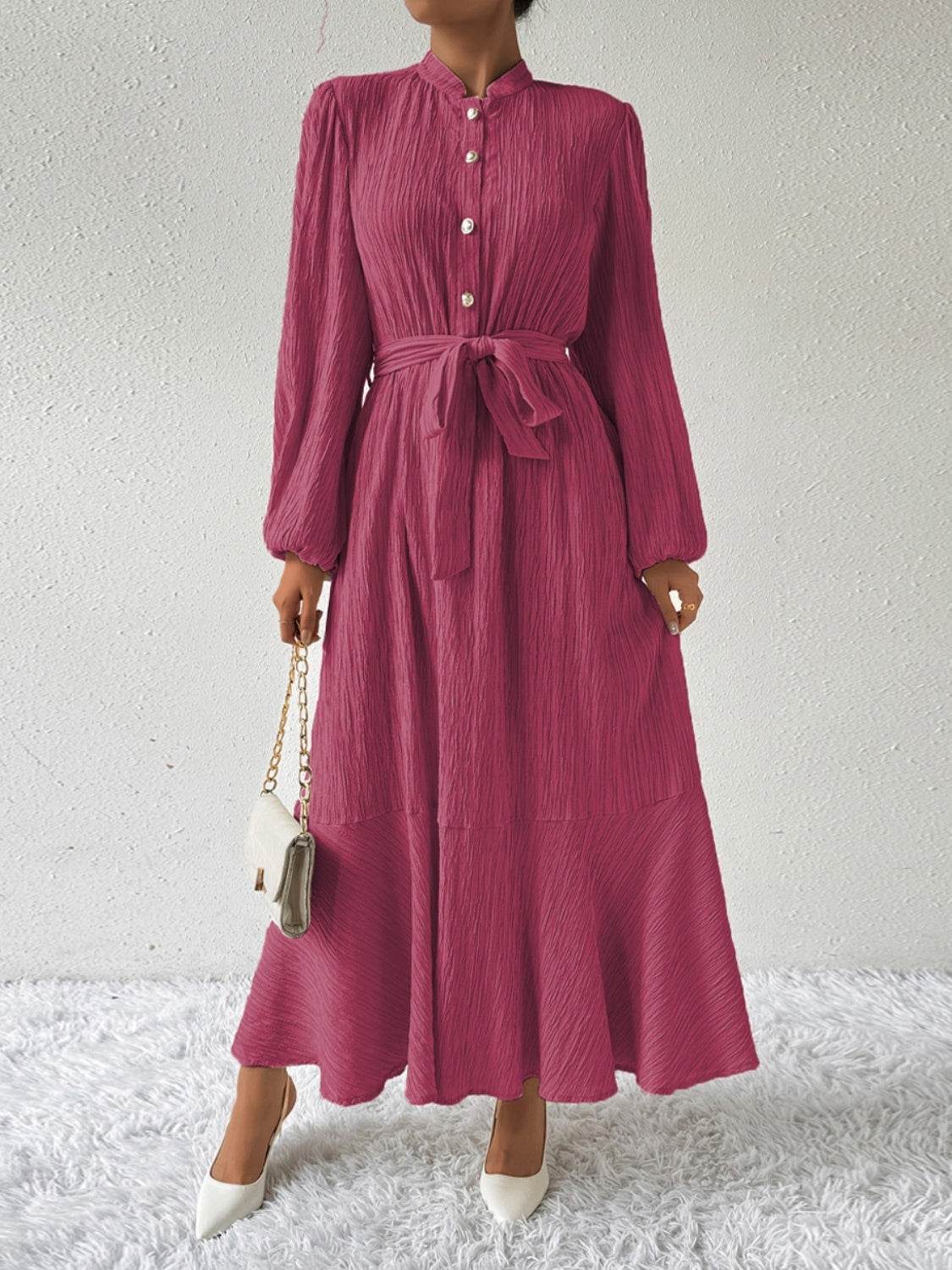 Maxi winter long-sleeve buttoned belt dress for women | Jacqueline -29