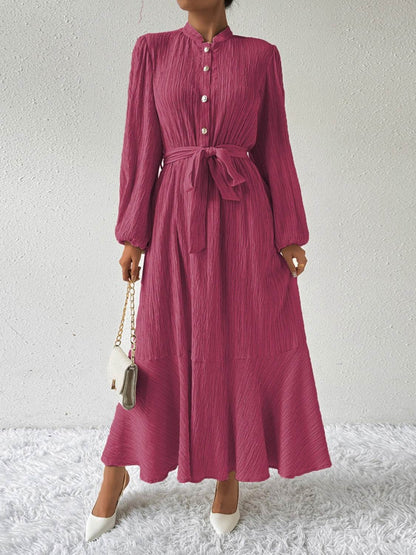Maxi winter long-sleeve buttoned belt dress for women | Jacqueline -29