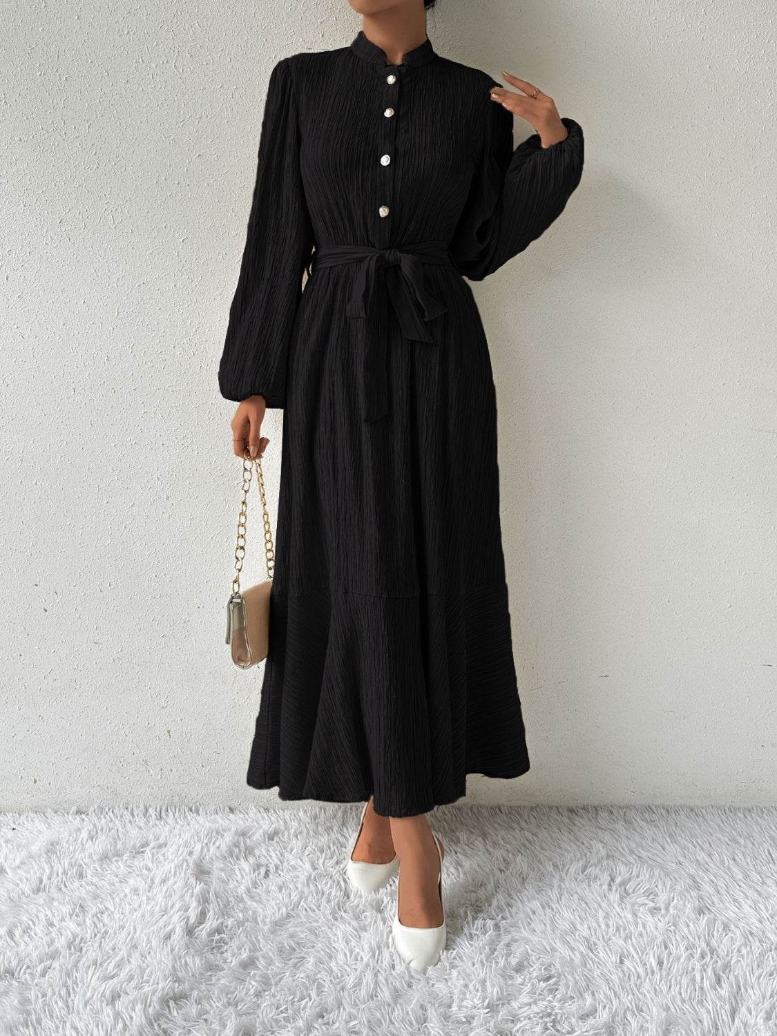 Maxi winter long-sleeve buttoned belt dress for women | Jacqueline -5