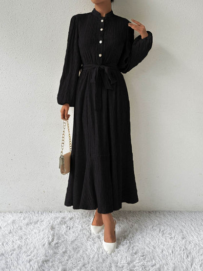 Maxi winter long-sleeve buttoned belt dress for women | Jacqueline -5
