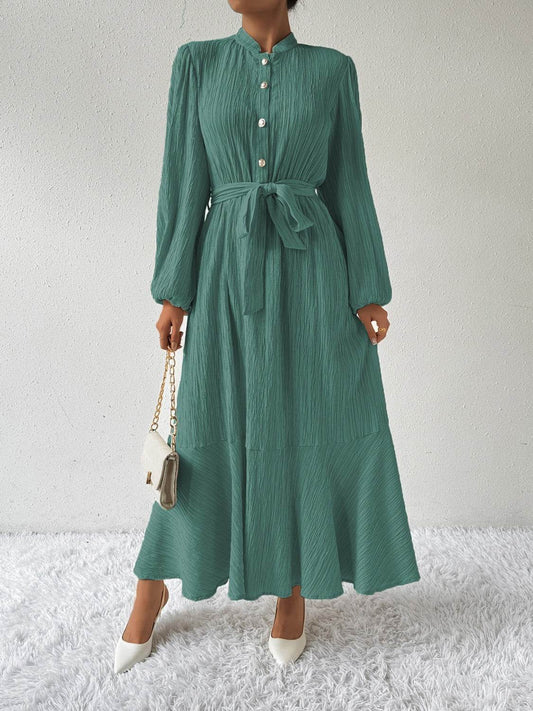 Maxi winter long-sleeve buttoned belt dress for women | Jacqueline -1
