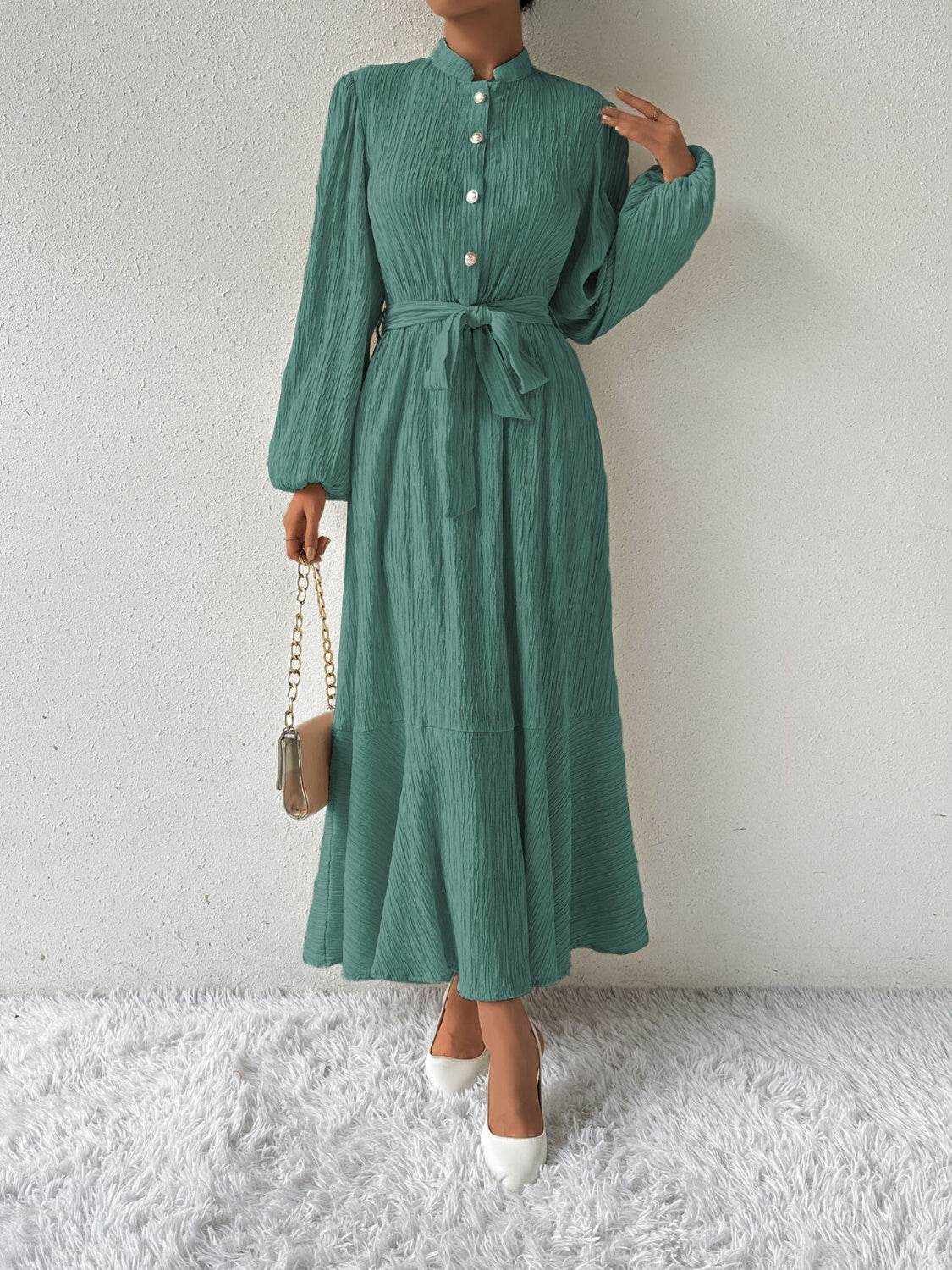 Maxi winter long-sleeve buttoned belt dress for women | Jacqueline -4