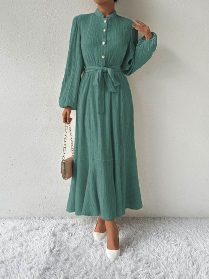 Maxi winter long-sleeve buttoned belt dress for women | Jacqueline -4