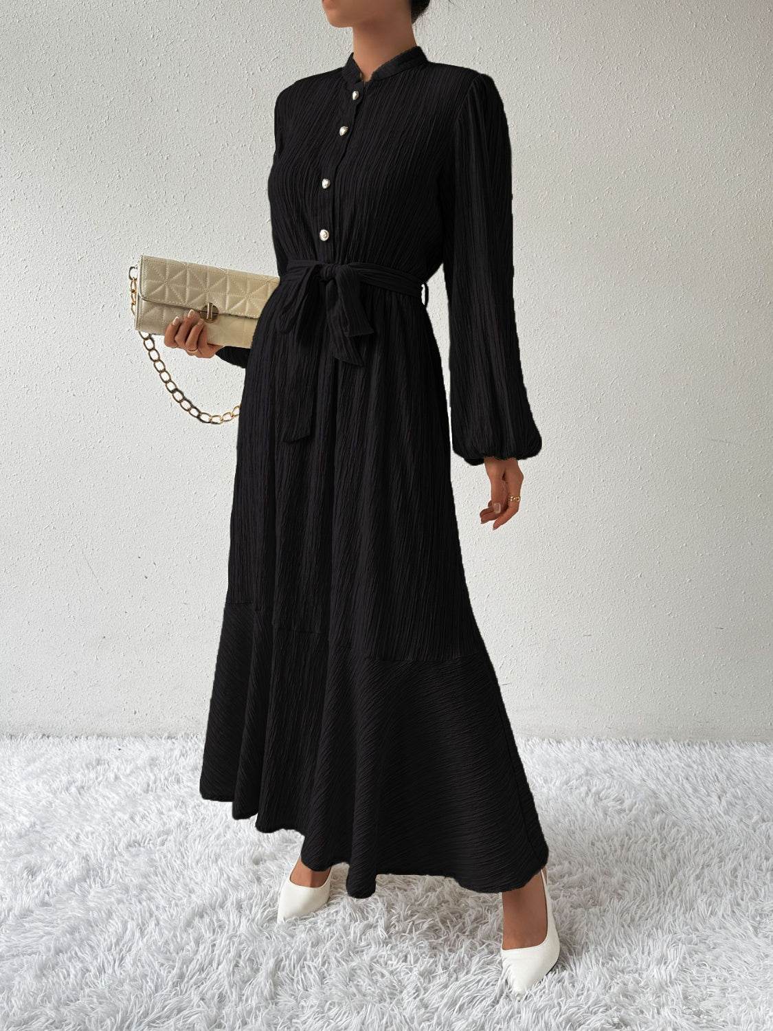 Maxi winter long-sleeve buttoned belt dress for women | Jacqueline -7