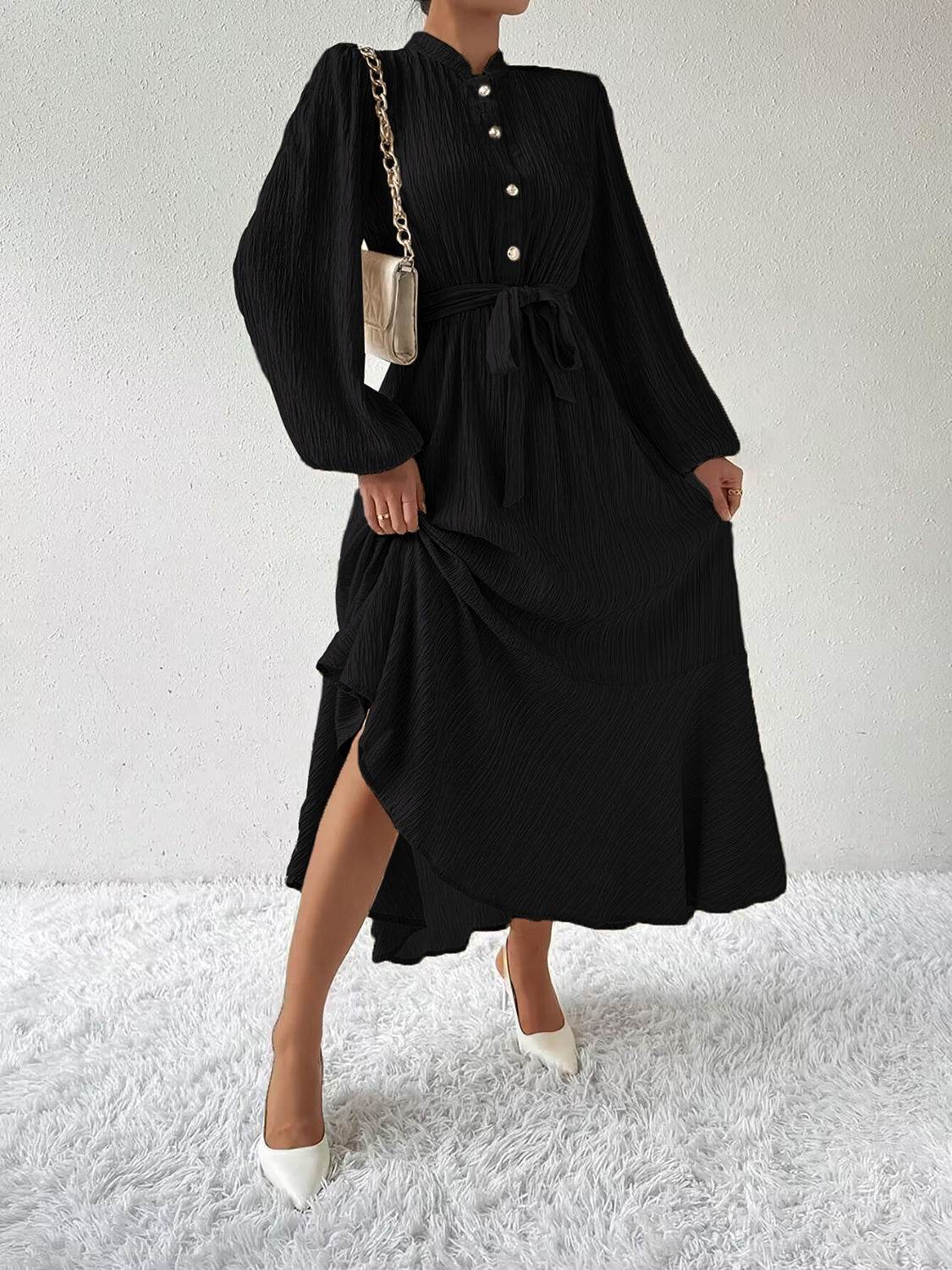 Maxi winter long-sleeve buttoned belt dress for women | Jacqueline -8