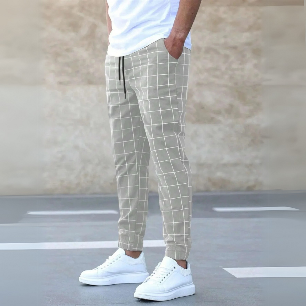 Checkered tapered elastic waistband joggers for men | Kellan -5
