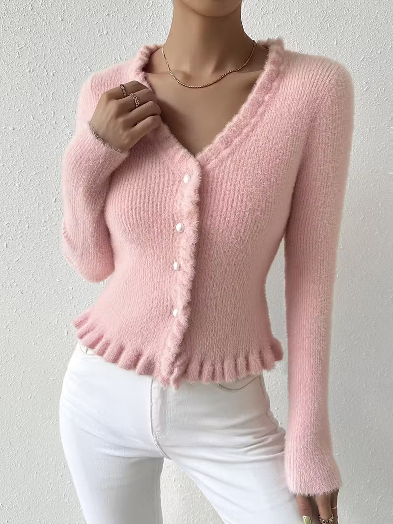 Elegant buttoned V-neck sweater for women | Eloria -9