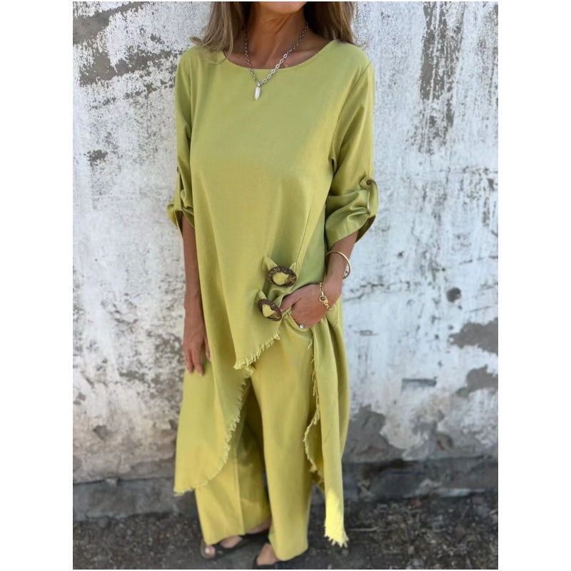 Stylish cotton-linen two-piece pants set dress for women | Elara -2