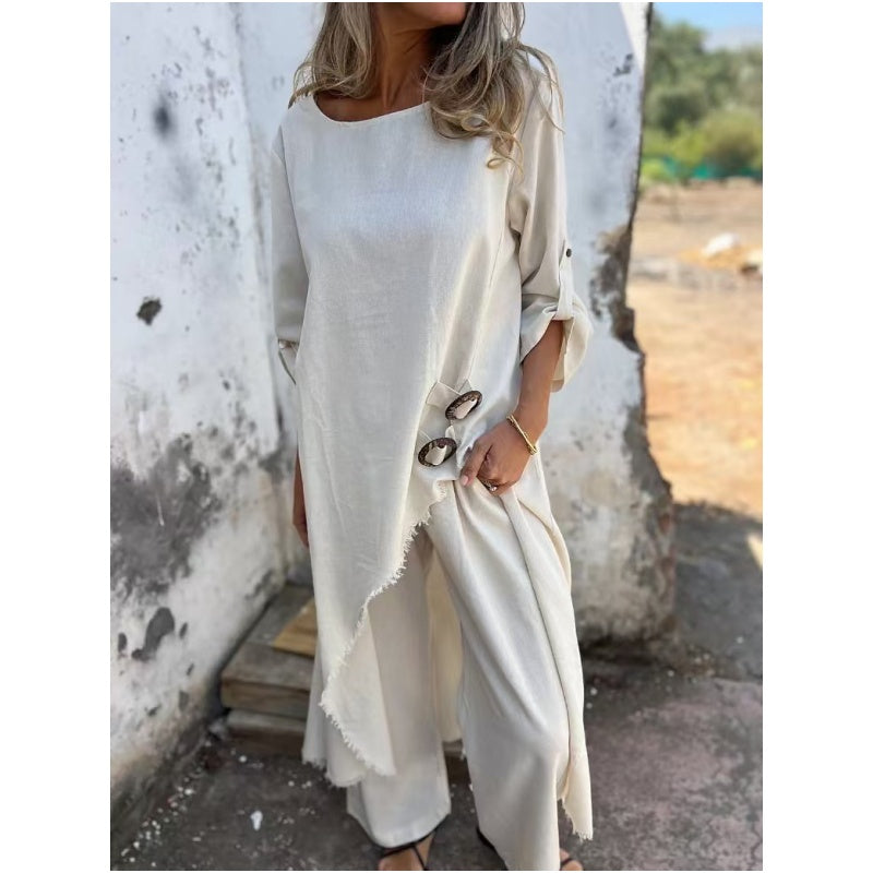 Stylish cotton-linen two-piece pants set dress for women | Elara -5