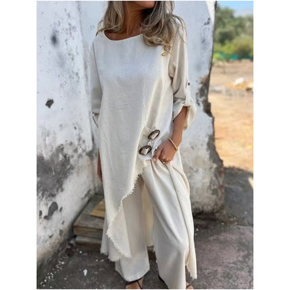 Stylish cotton-linen two-piece pants set dress for women | Elara -5