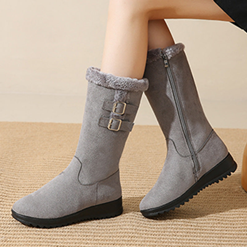 Mid-calf soft lapels decorative buckle boots for women | Althea -8