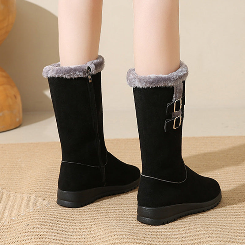 Mid-calf soft lapels decorative buckle boots for women | Althea -6