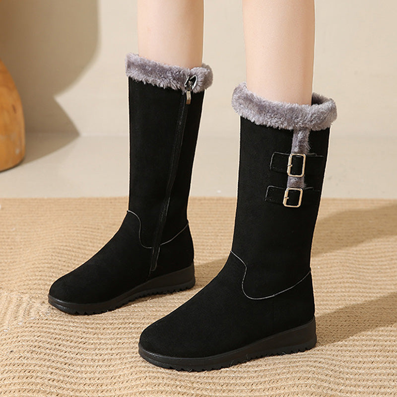 Mid-calf soft lapels decorative buckle boots for women | Althea -5