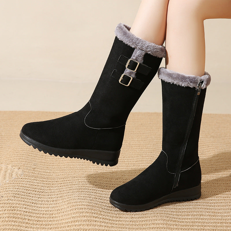 Mid-calf soft lapels decorative buckle boots for women | Althea -7