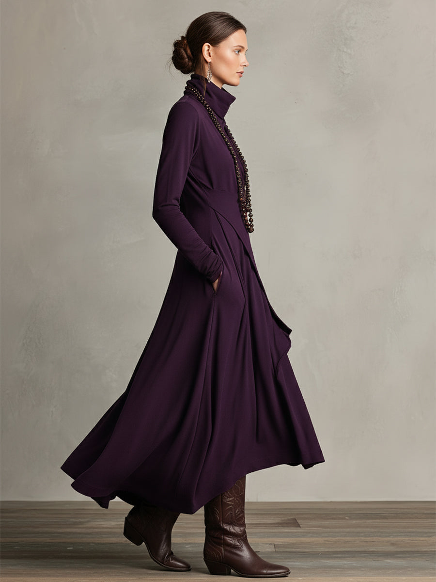 Bohemian draped maxi dress turtleneck for women | Elowen -5